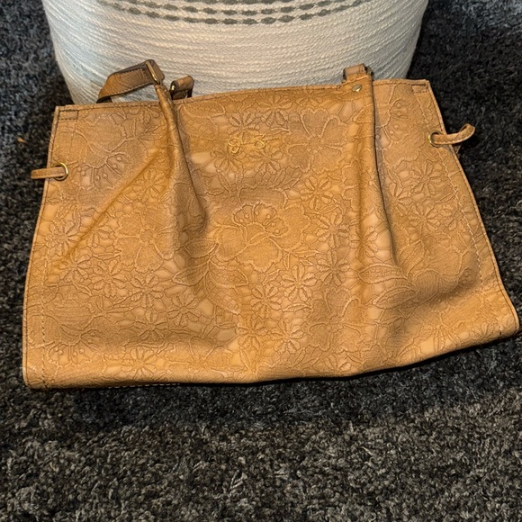 Tan Floral Jessica Simpson Satchel Purse with Leopard Interior - Picture 1 of 11